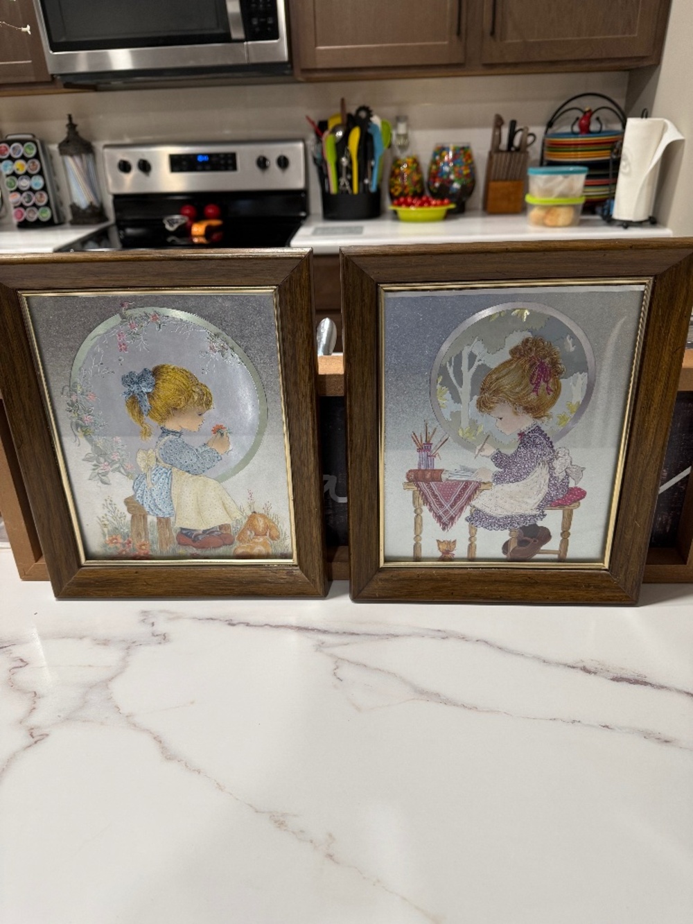 Two Vintage Foil Art pictures, 1 little girl with her dog and 1 with her cat!